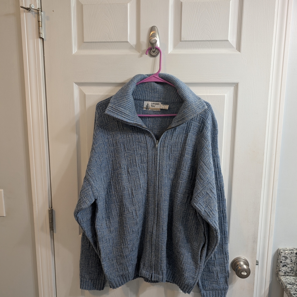 Vintage London Fog Cardigan Blue & Beige Zip Pockets Acrylic - Size L